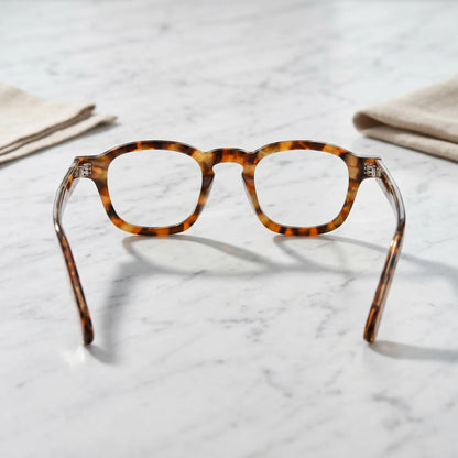 Barledear Amber Leopard Tortoise eyeglasses back view showing integrated nose pads, temple shape, and full-rim frame structure