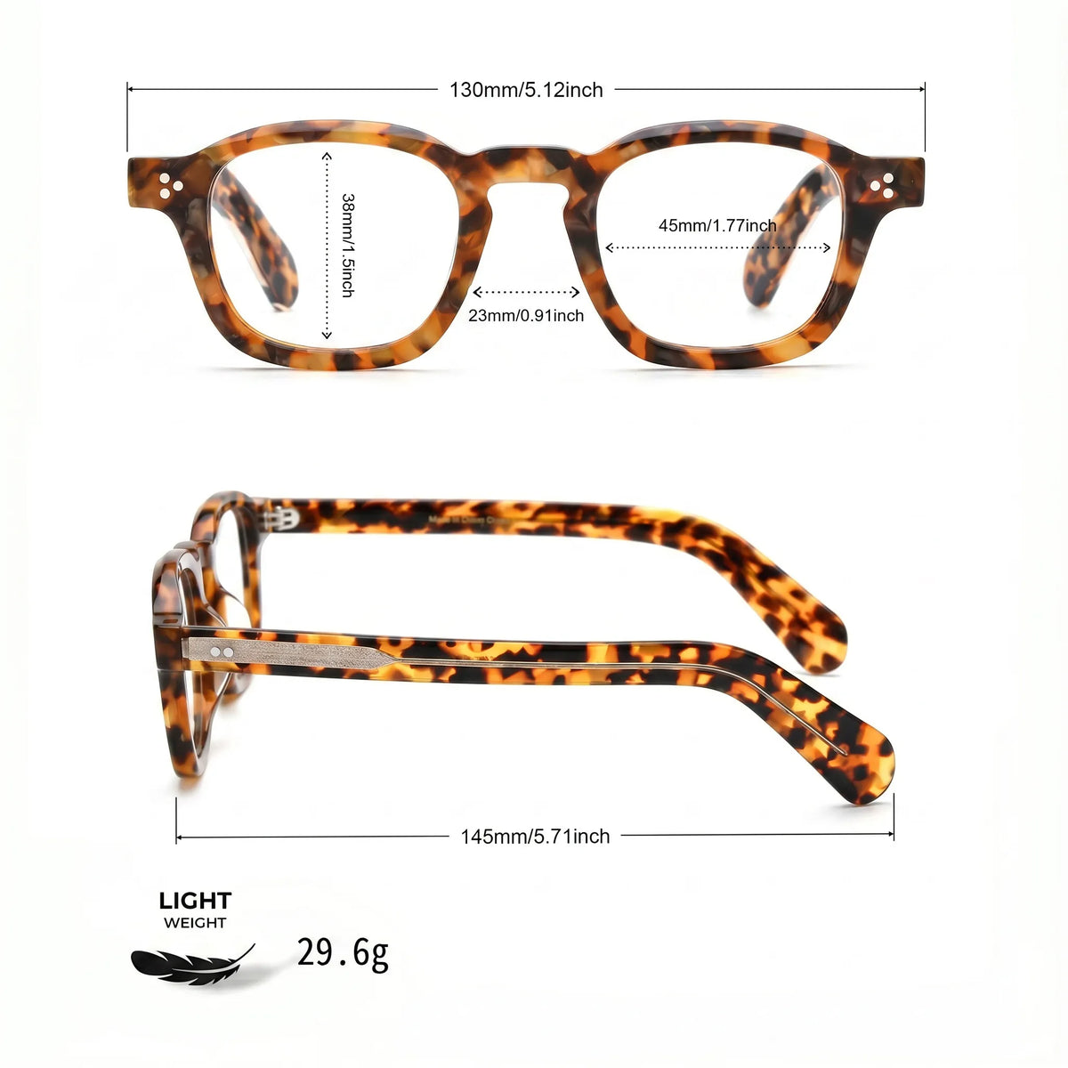 Barledear Amber Leopard Tortoise eyeglasses size chart with 130 mm frame width, 45 mm lens width, 38 mm lens height, 23 mm bridge, 145 mm temple length, and 29.6 g frame weight