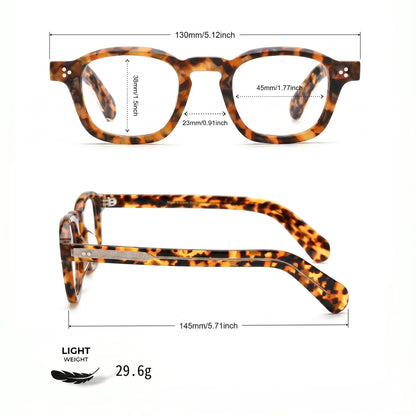 Barledear Amber Leopard Tortoise eyeglasses size chart with 130 mm frame width, 45 mm lens width, 38 mm lens height, 23 mm bridge, 145 mm temple length, and 29.6 g frame weight