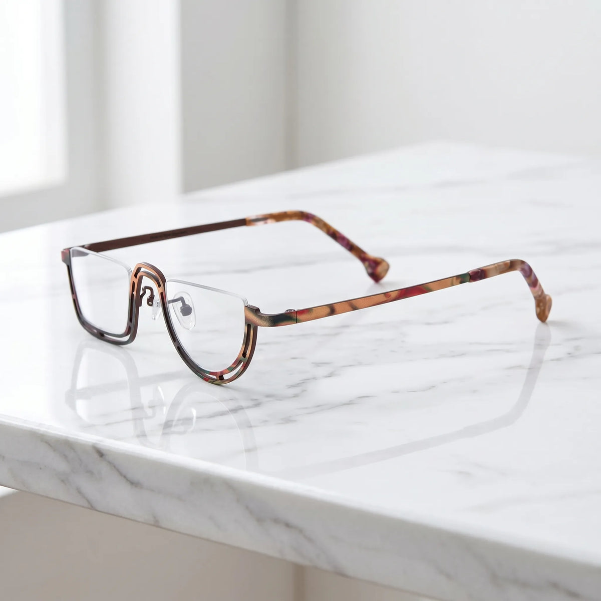 Barledear Amber Mosaic Brown eyeglasses angled side view showing patterned titanium temples and bridge