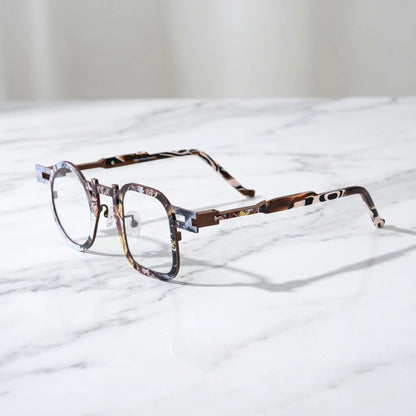 Barledear Amber Mosaic Brown eyeglasses angled side view showing slim temples, extended side-bar detail, and adjustable nose pads