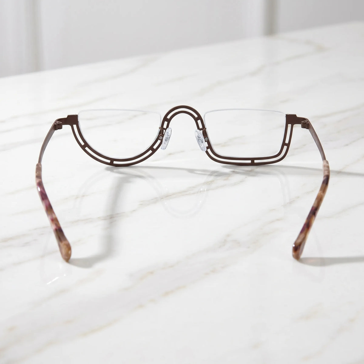 Barledear Amber Mosaic Brown eyeglasses back view showing temple shape and semi-rim frame structure