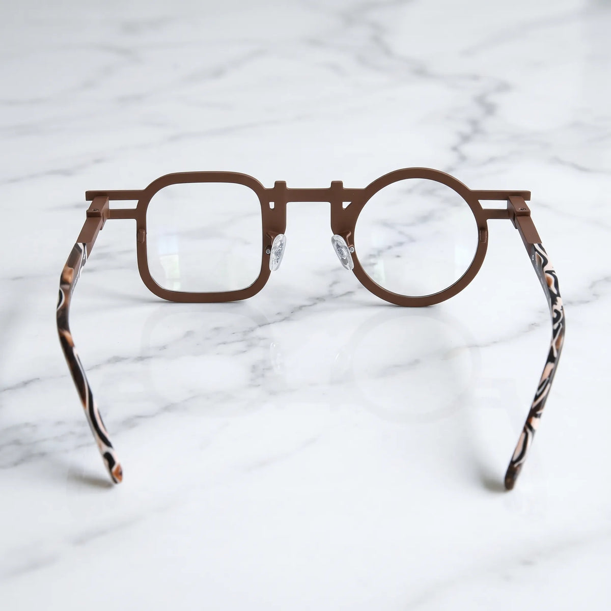 Barledear Amber Mosaic Brown eyeglasses back view showing temple shape, bridge detail, and full-rim frame structure