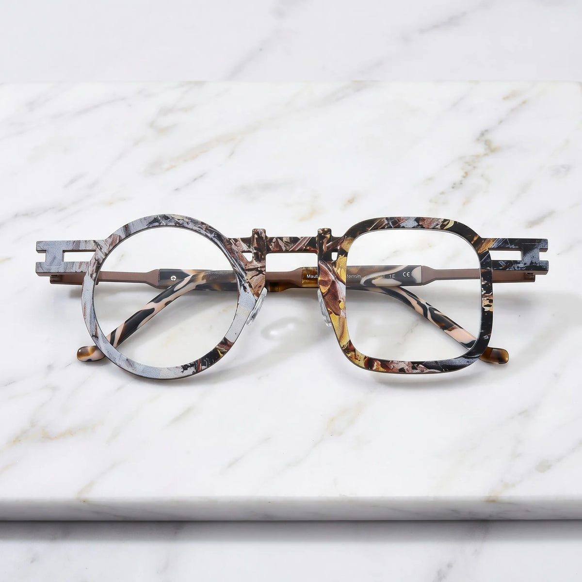 Barledear Amber Mosaic Brown eyeglasses folded display showing patterned temples and full-rim frame structure
