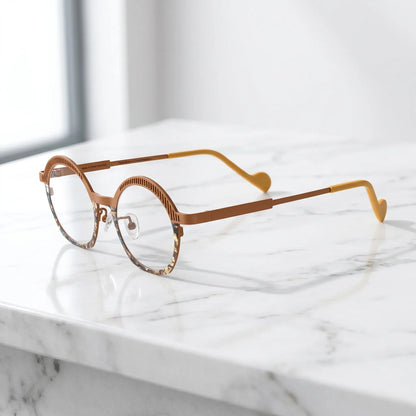 Barledear Amber Mosaic eyeglasses angled side view showing slim temples, clear nose pads, and sculpted slotted browline detail