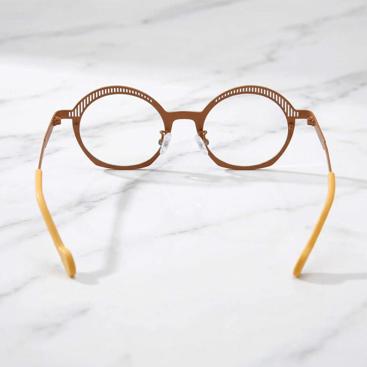 Barledear Amber Mosaic eyeglasses back view showing comfortable nose pads, slim temple construction, and prescription-ready frame structure
