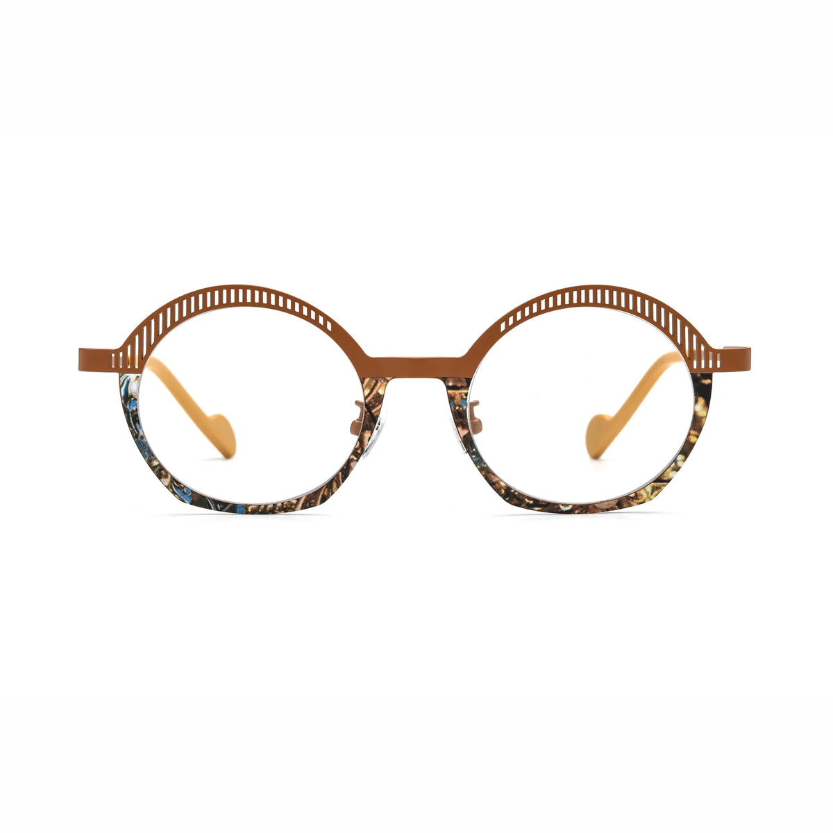Barledear Amber Mosaic eyeglasses front view with lightweight geometric oval pure titanium full-rim frame and warm brown mosaic color accents