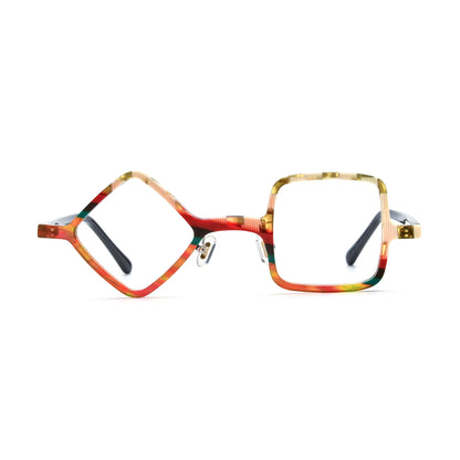 Barledear Amber Mosaic asymmetric geometric acetate eyeglasses front view with amber, orange, red, cream, and green mosaic details with mismatched lens shapes.