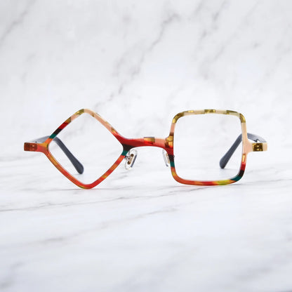 Barledear Amber Mosaic asymmetric geometric acetate eyeglasses shown in a clean lifestyle front display with warm multicolor acetate patterns.