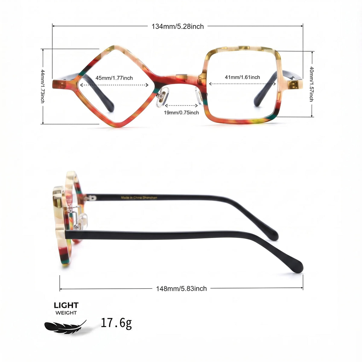Barledear Amber Mosaic eyeglasses size chart with 134 mm frame width, 45 mm left lens width, 44 mm left lens height, 41 mm right lens width, 40 mm right lens height, 19 mm bridge, 148 mm temples, and 17.6 g weight.