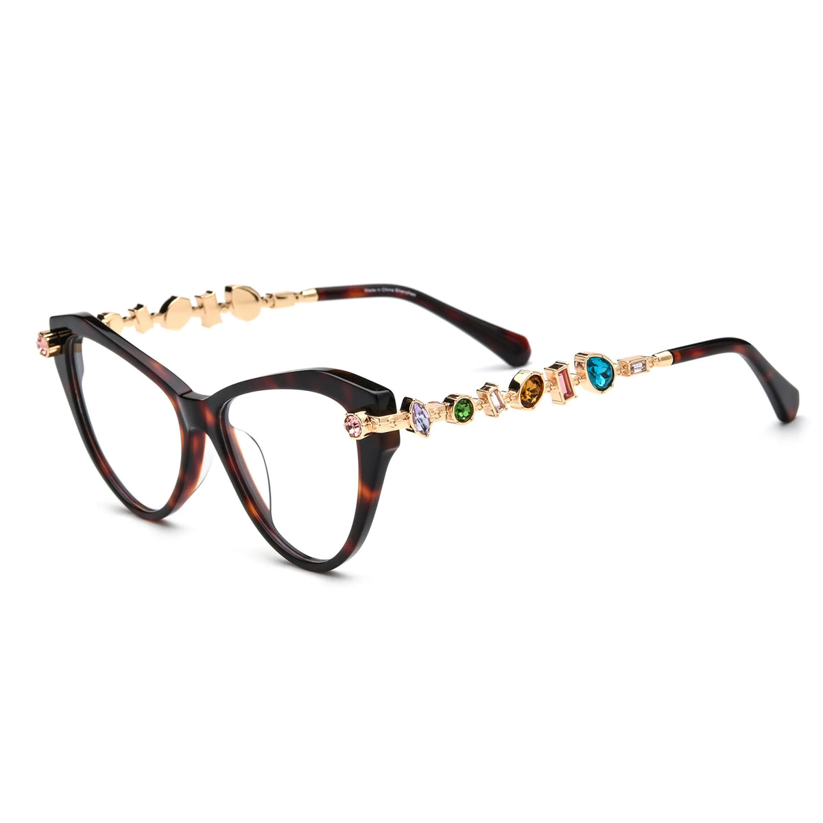 Barledear Amber Tortoise eyeglasses angled side view highlighting multicolor geometric crystal accents along the gold-tone temples