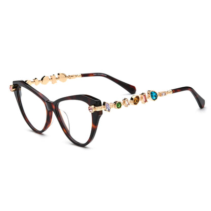 Barledear Amber Tortoise eyeglasses angled side view highlighting multicolor geometric crystal accents along the gold-tone temples