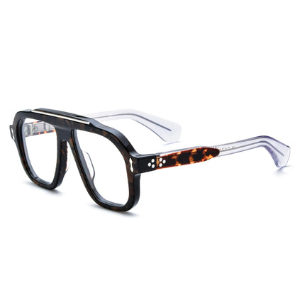 Barledear Amber Tortoise eyeglasses angled side view showing tortoise temple accents, clear temple arms and silver-tone metal inlays