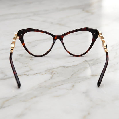 Barledear Amber Tortoise eyeglasses back view showing the full-rim cat-eye structure, molded nose pads, and tortoise acetate temple tips
