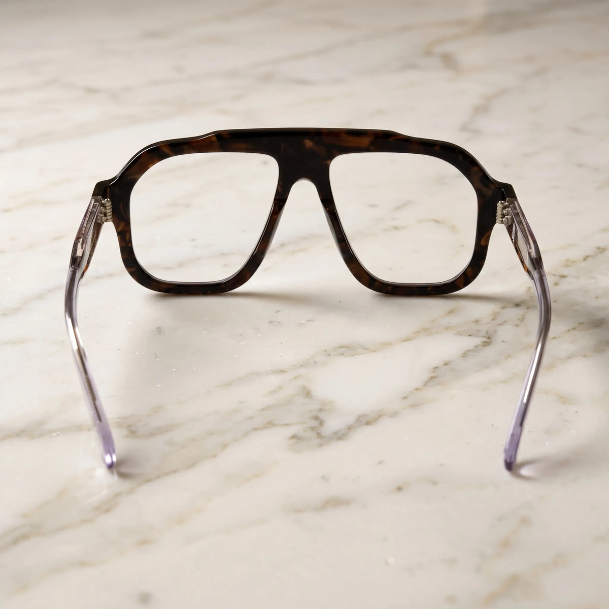 Barledear Amber Tortoise eyeglasses back view showing the full-rim square aviator structure, integrated nose pads and clear temples