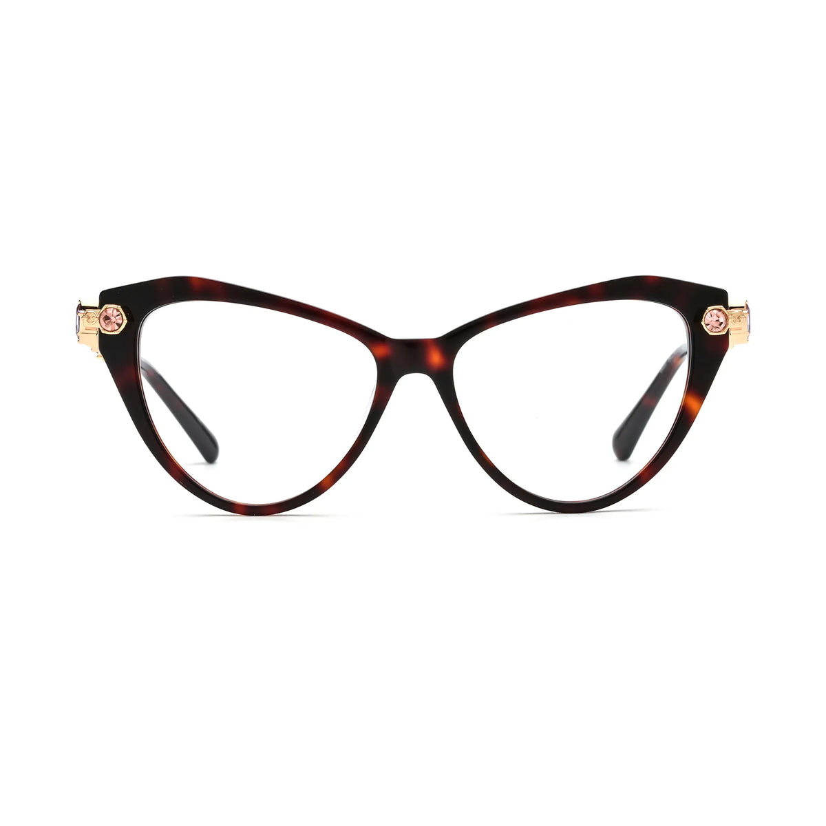 Barledear Amber Tortoise geometric cat-eye eyeglasses front view with a glossy dark tortoise acetate frame and gold-tone jeweled temples