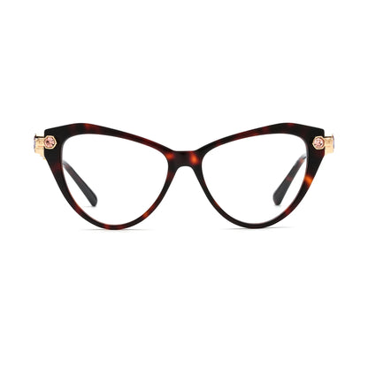 Barledear Amber Tortoise geometric cat-eye eyeglasses front view with a glossy dark tortoise acetate frame and gold-tone jeweled temples
