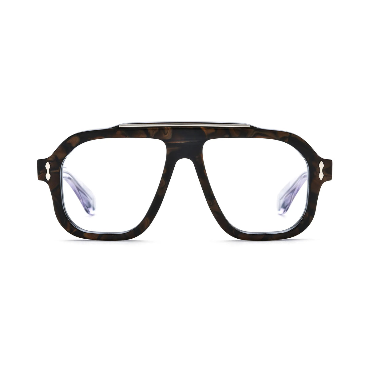 Barledear Amber Tortoise square aviator acetate eyeglasses front view with rich brown tortoise pattern and silver-tone brow accent