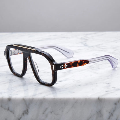 Barledear Amber Tortoise eyeglasses angled side view showing tortoise temple accents, clear temple arms and silver-tone metal inlays