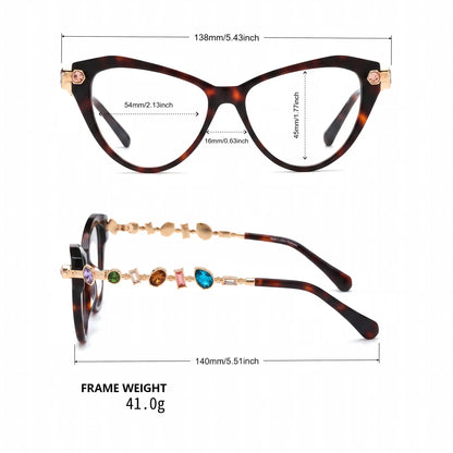 Barledear Amber Tortoise cat-eye eyeglasses size chart showing 138 mm frame width, 54 mm lens width, 45 mm lens height, 16 mm bridge, and 140 mm temples