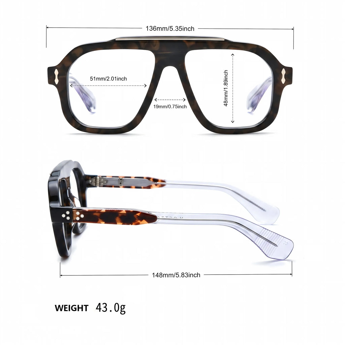 Barledear Amber Tortoise eyeglasses size chart showing 136 mm frame width, 51 mm lens width, 48 mm lens height, 19 mm bridge, 148 mm temple length and 43 g weight