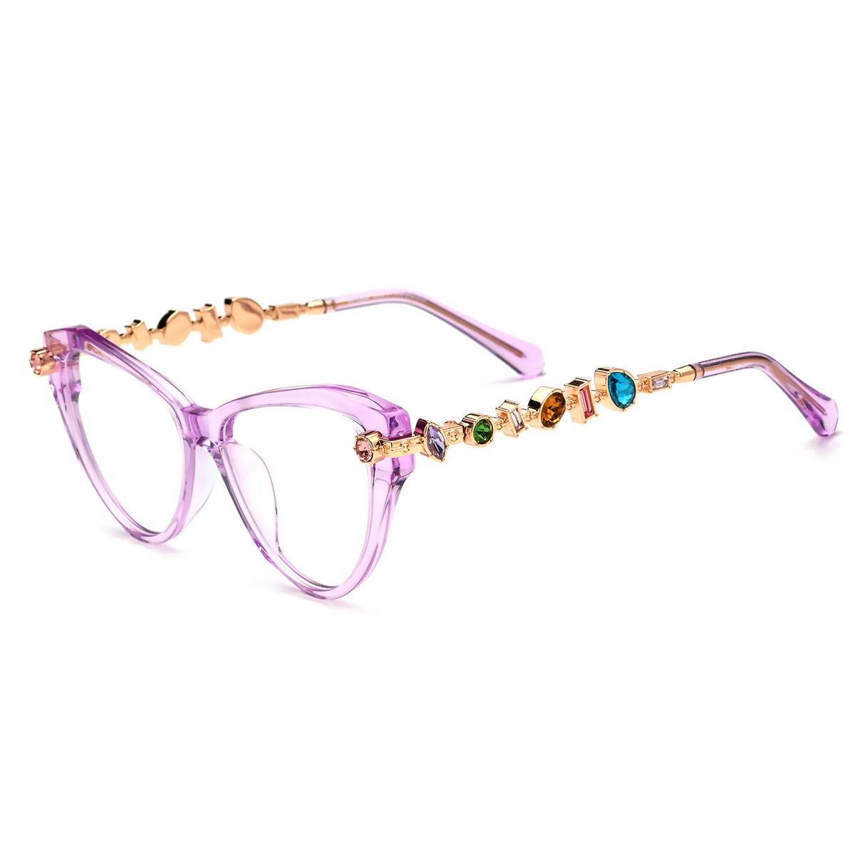 Barledear Amethyst Crystal eyeglasses angled side view highlighting multicolor geometric crystal accents along the gold-tone temples