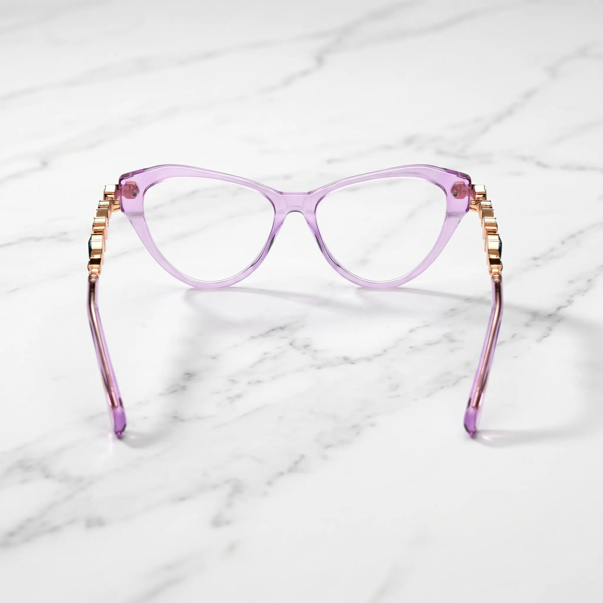 Barledear Amethyst Crystal eyeglasses back view showing the full-rim cat-eye structure, molded nose pads, and smooth acetate temple tips