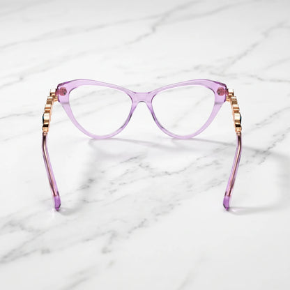 Barledear Amethyst Crystal eyeglasses back view showing the full-rim cat-eye structure, molded nose pads, and smooth acetate temple tips