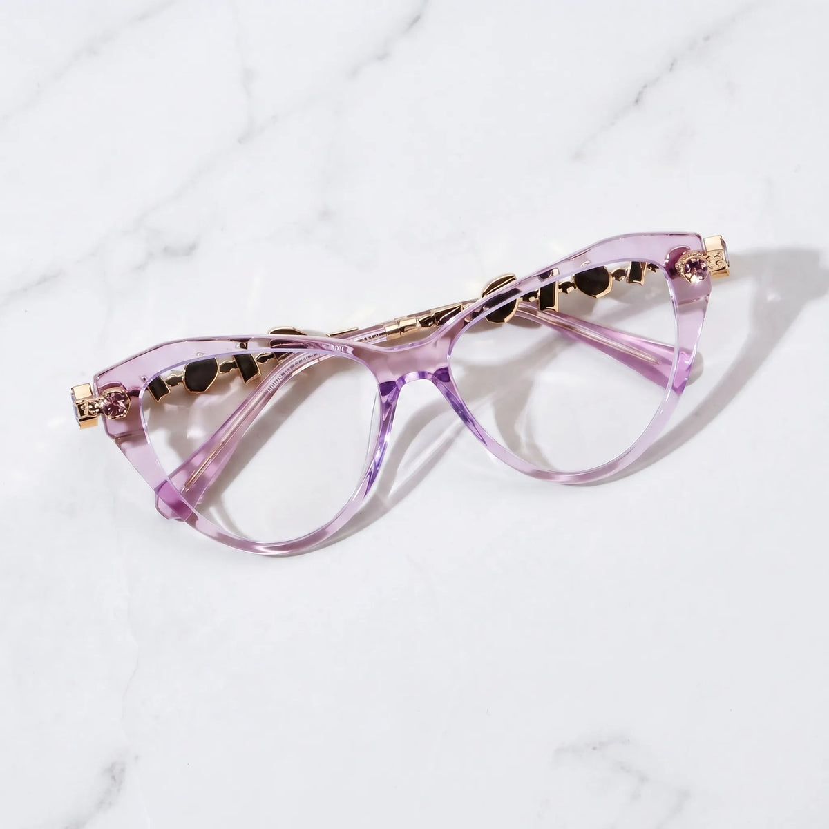 Barledear Amethyst Crystal eyeglasses folded display showing the polished acetate front, integrated nose bridge, and decorative metal temples