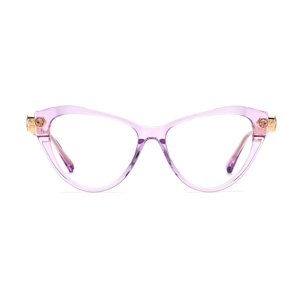 Barledear Amethyst Crystal geometric cat-eye eyeglasses front view with a translucent lilac acetate frame and gold-tone jeweled temples