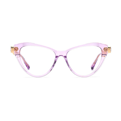 Barledear Amethyst Crystal geometric cat-eye eyeglasses front view with a translucent lilac acetate frame and gold-tone jeweled temples