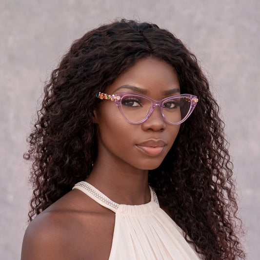 Adult woman wearing Barledear Amethyst Crystal geometric cat-eye eyeglasses in a fashion-forward lifestyle portrait