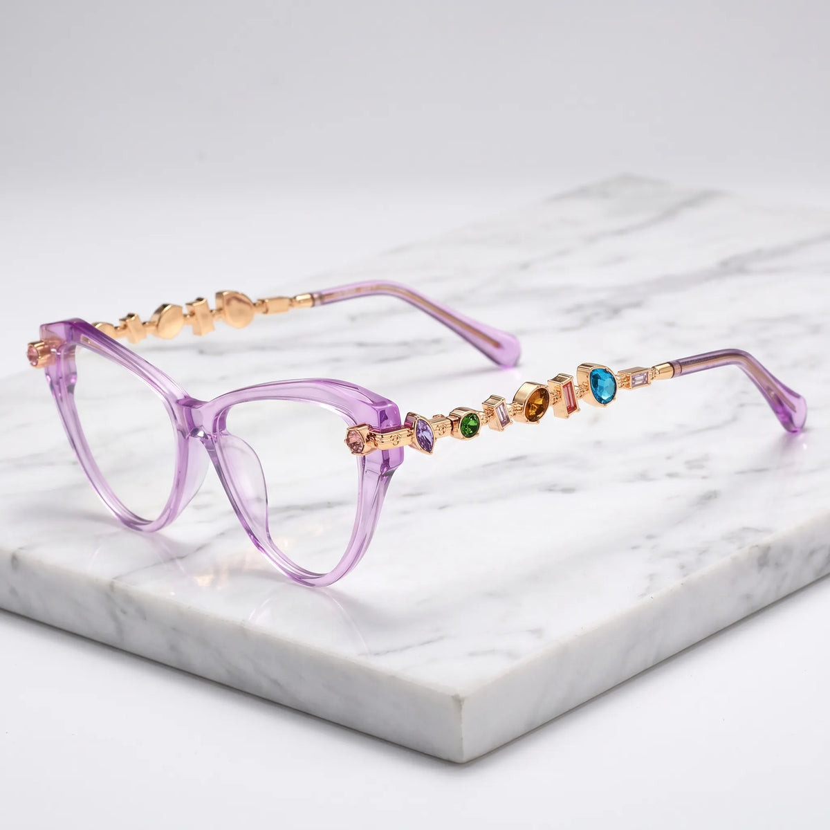 Barledear Amethyst Crystal eyeglasses angled side view highlighting multicolor geometric crystal accents along the gold-tone temples