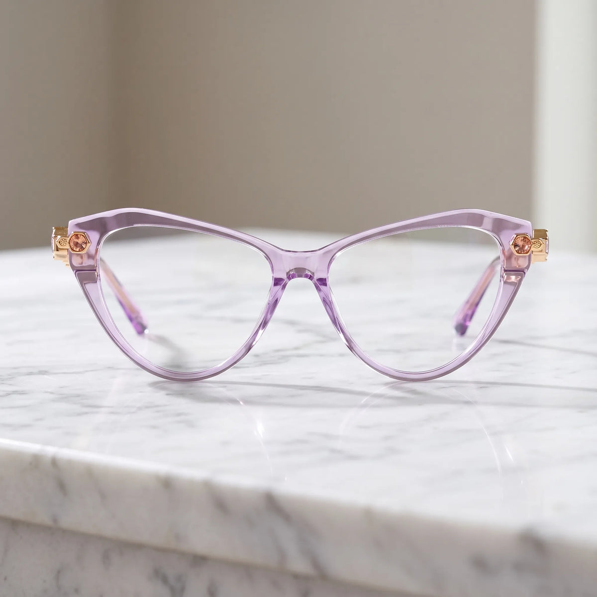 Barledear Amethyst Crystal cat-eye eyeglasses shown in a clean lifestyle front display with multicolor crystal-accent temples