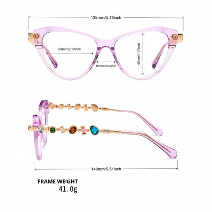 Barledear Amethyst Crystal cat-eye eyeglasses size chart showing 138 mm frame width, 54 mm lens width, 45 mm lens height, 16 mm bridge, and 140 mm temples
