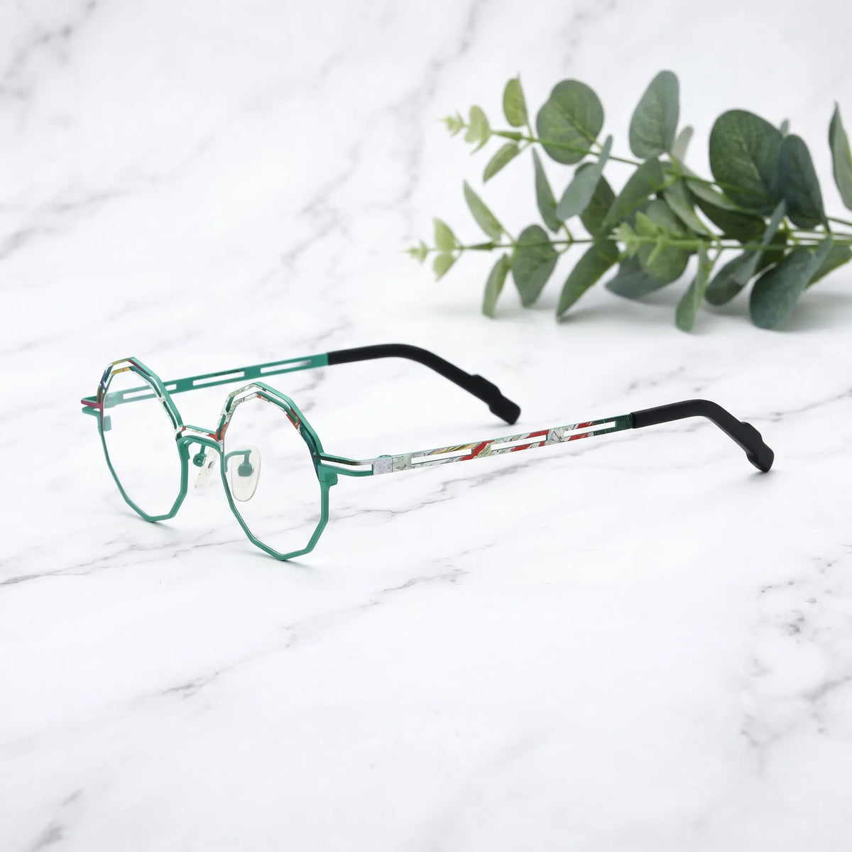 Barledear Aqua Mosaic eyeglasses angled side view showing slim cutout temples and bridge detail