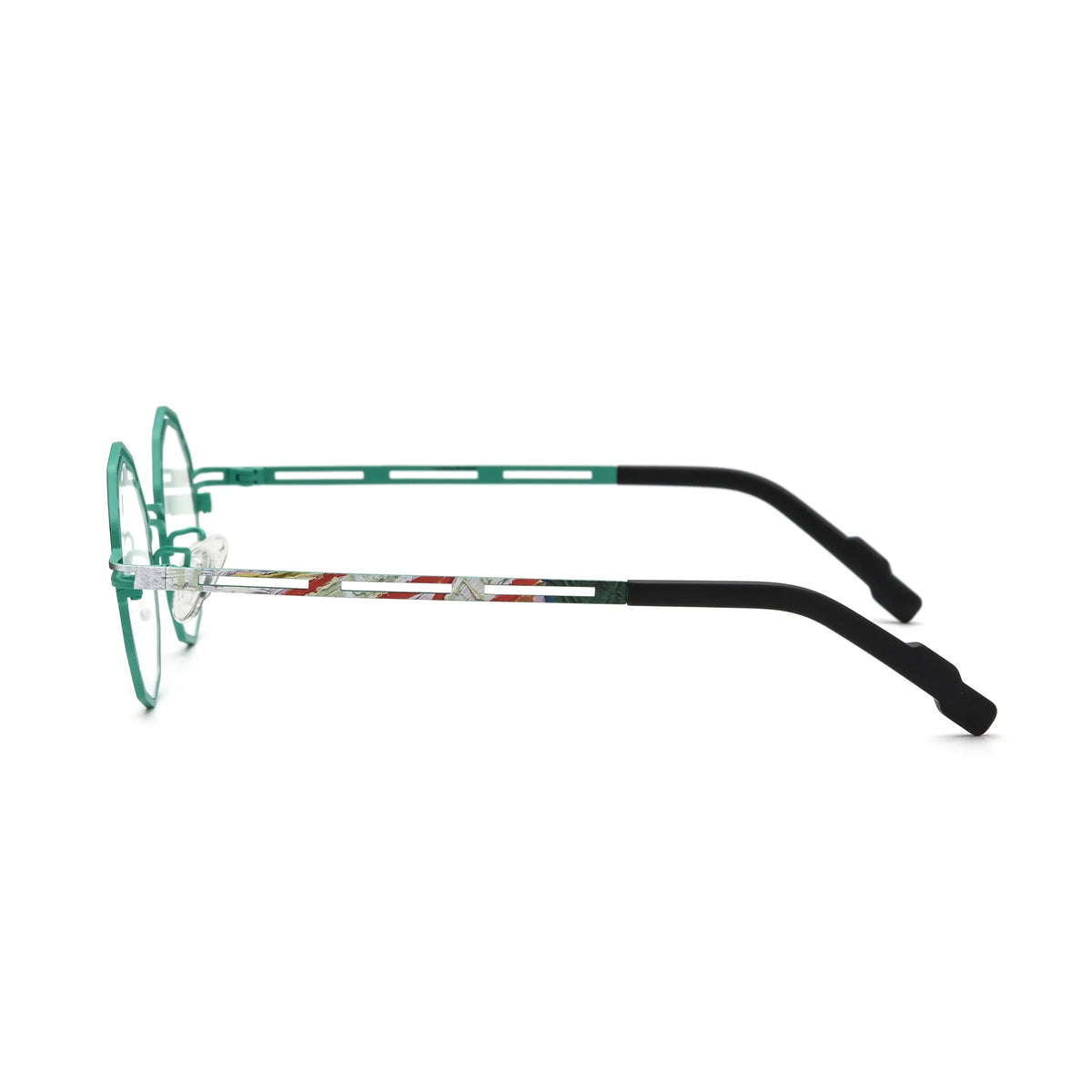 Barledear Aqua Mosaic eyeglasses angled side view showing slim cutout temples and bridge detail