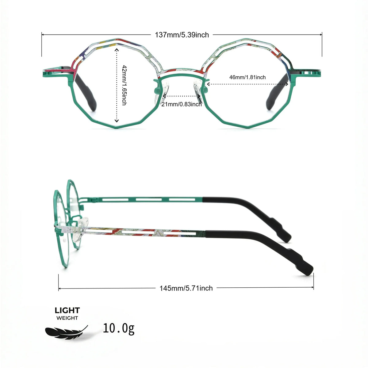 Barledear Aqua Mosaic eyeglasses size chart with 137mm frame width 46mm lens width 21mm bridge and 145mm temples