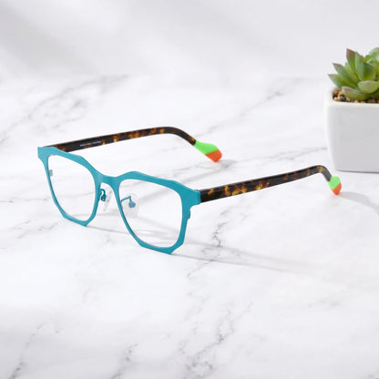 Barledear Aqua Tortoise eyeglasses angled side view showing slim temples, adjustable nose pads, and geometric bridge detail