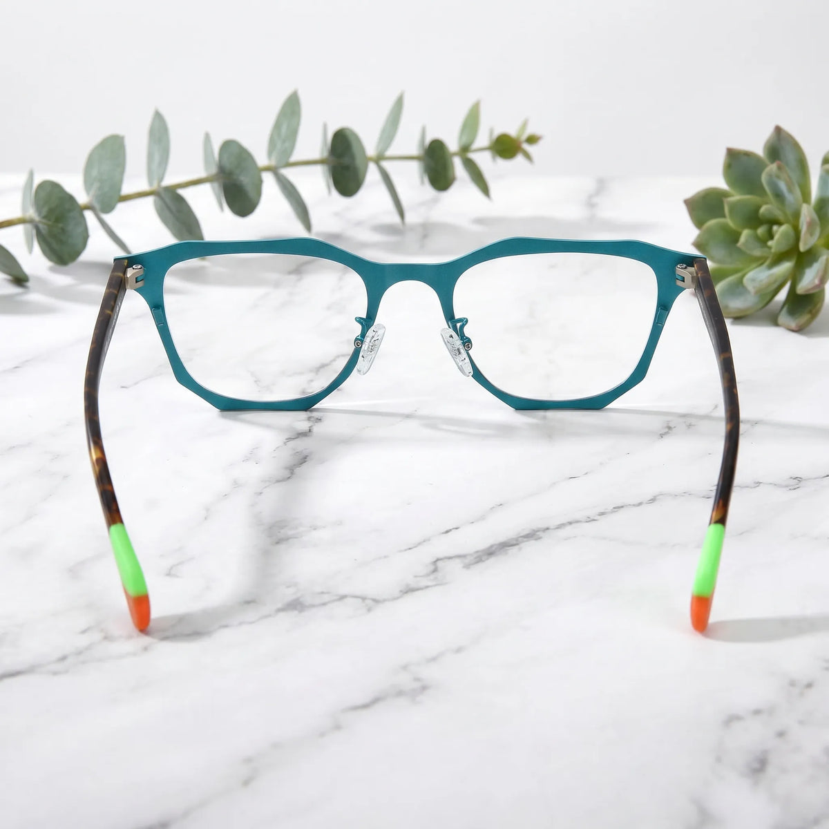 Barledear Aqua Tortoise eyeglasses back view showing temple shape, full-rim frame structure, and comfortable nose pads