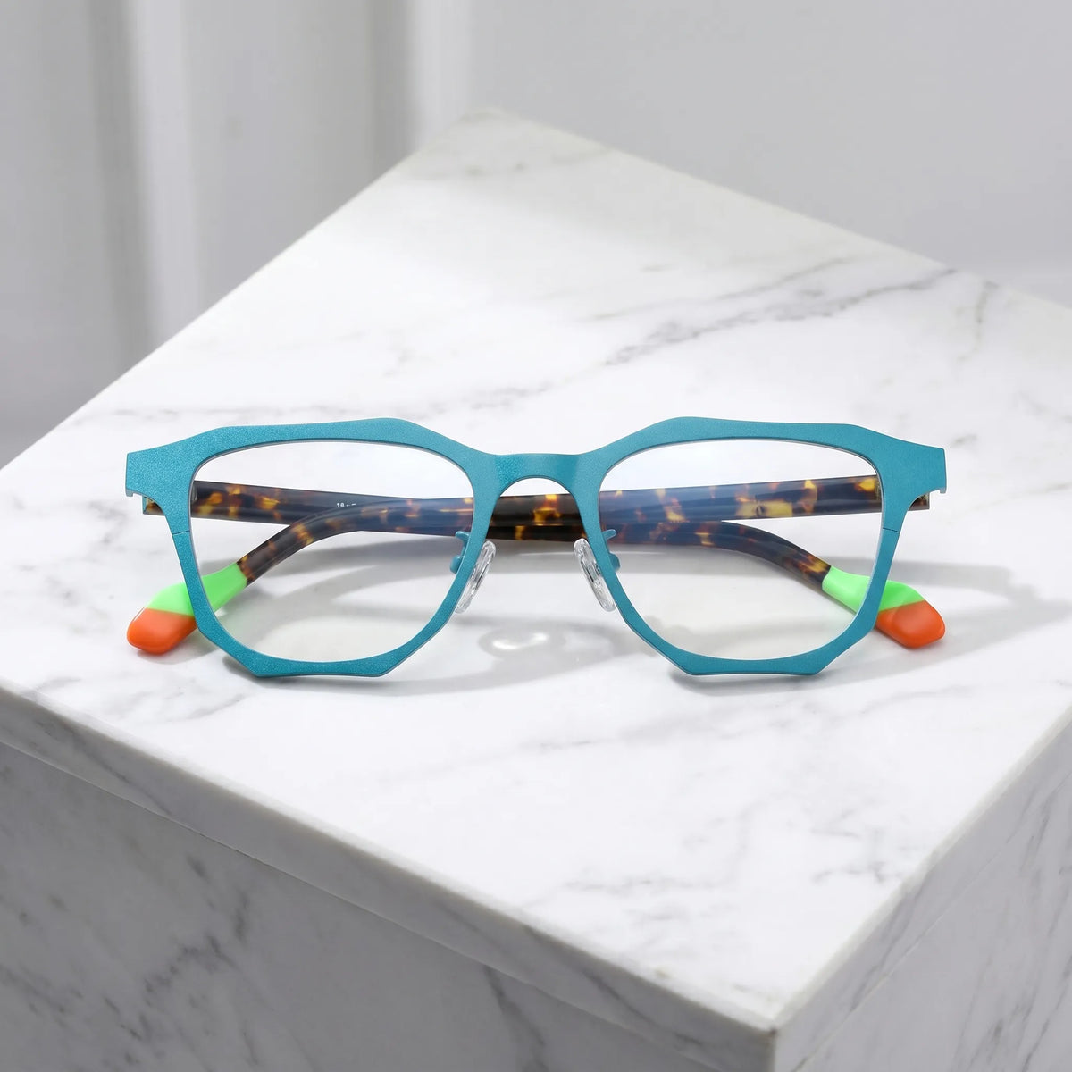Barledear Aqua Tortoise eyeglasses folded display showing patterned temples and colorful temple tip design