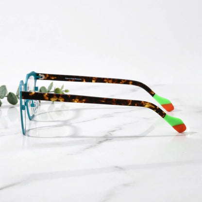 Barledear Aqua Tortoise eyeglasses side view showing slim temples, adjustable nose pads, and geometric bridge detail