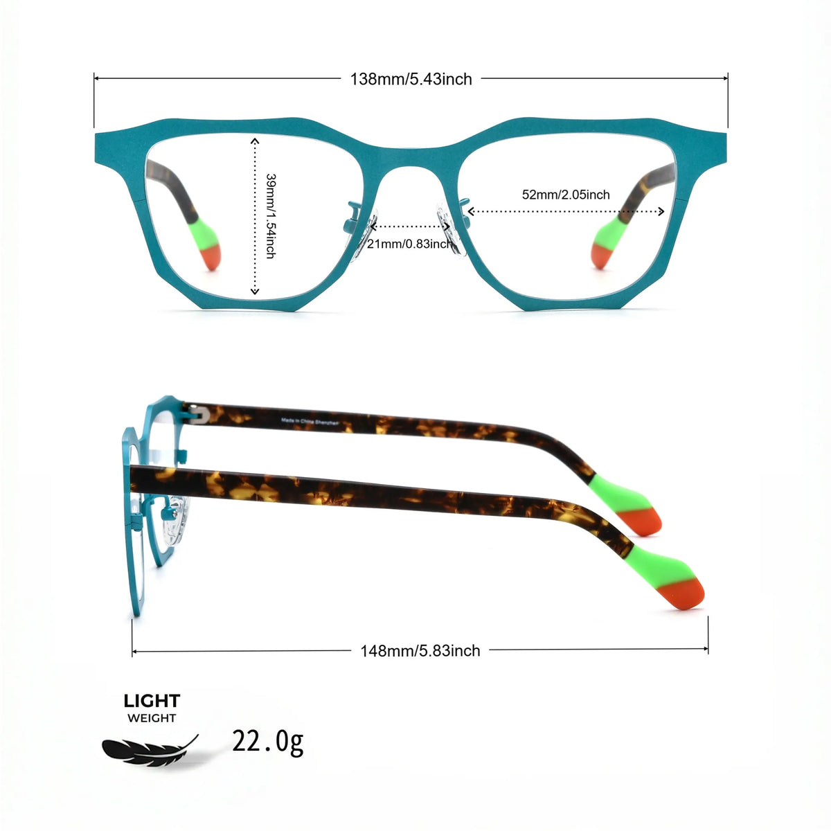 Barledear Aqua Tortoise eyeglasses size chart with 138mm frame width, 52mm lens width, 21mm bridge, and 148mm temple length