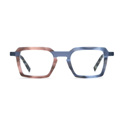 Barledear Blush Slate Tortoise square eyeglasses front view with pink and blue patchwork acetate
