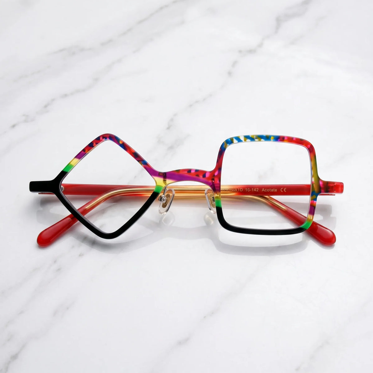 Barledear Carnival Noir asymmetric geometric acetate eyeglasses folded display showing the colorful full-rim front, adjustable nose pads, and translucent red temples.