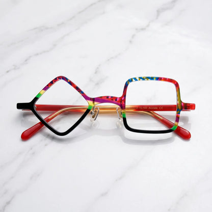 Barledear Carnival Noir asymmetric geometric acetate eyeglasses folded display showing the colorful full-rim front, adjustable nose pads, and translucent red temples.