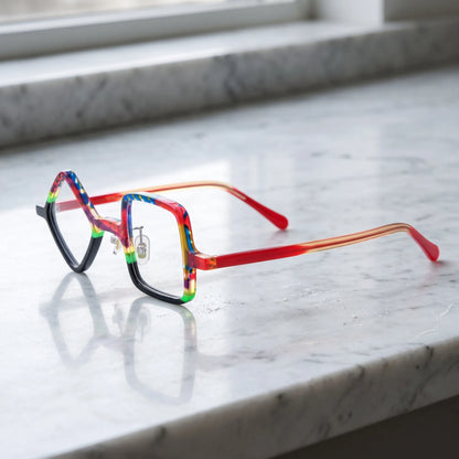 Barledear Carnival Noir asymmetric geometric acetate eyeglasses angled side view showing multicolor acetate layers, metal hinges, and slim translucent red temples.