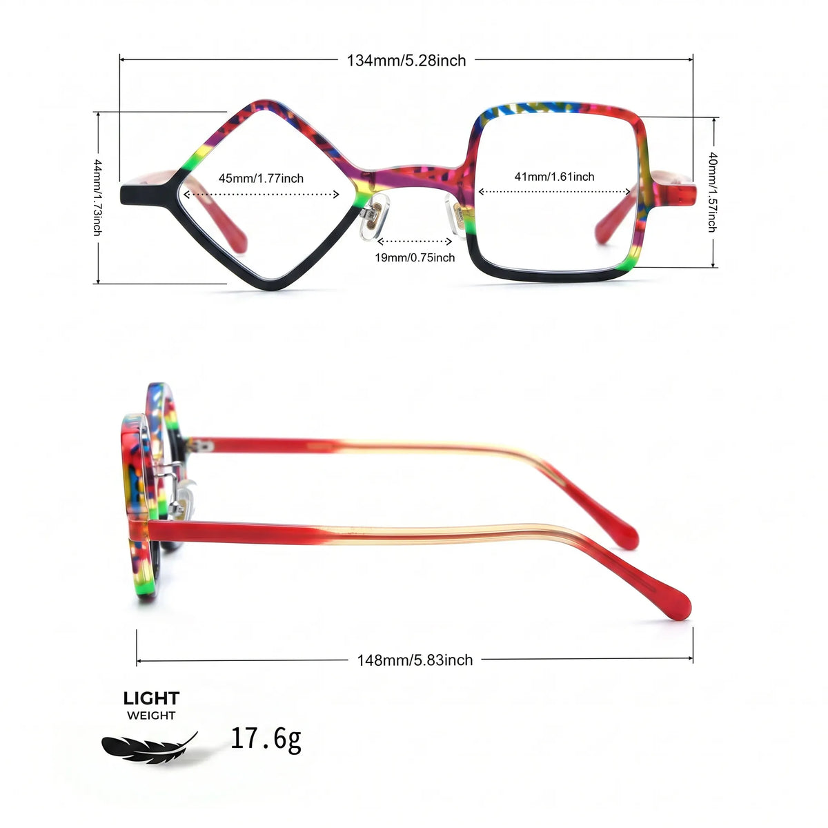 Barledear Carnival Noir eyeglasses size chart with 134 mm frame width, 45 mm left lens width, 44 mm left lens height, 41 mm right lens width, 40 mm right lens height, 19 mm bridge, 148 mm temples, and 17.6 g weight.