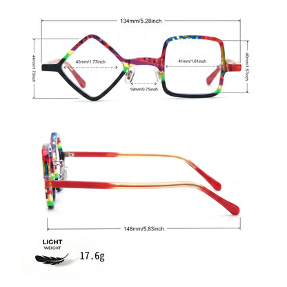 Barledear Carnival Noir eyeglasses size chart with 134 mm frame width, 45 mm left lens width, 44 mm left lens height, 41 mm right lens width, 40 mm right lens height, 19 mm bridge, 148 mm temples, and 17.6 g weight.