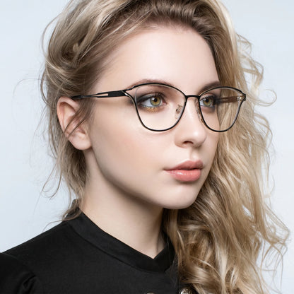Model wearing Barledear Champagne Noir eyeglasses in a lifestyle portrait showing lightweight butterfly cat-eye styling